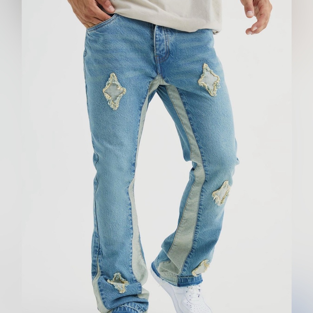 Boohoo Mens Light Blue Slim Jeans with White Accents